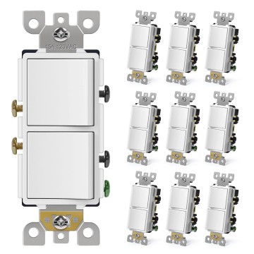 Double Paddle Rocker Decorator Light Switch, Single Pole Dual Self-grounding On/Off Interrupter, 15 Amp Electrical in-Wall Switches, UL Listed, 10 Pack, White