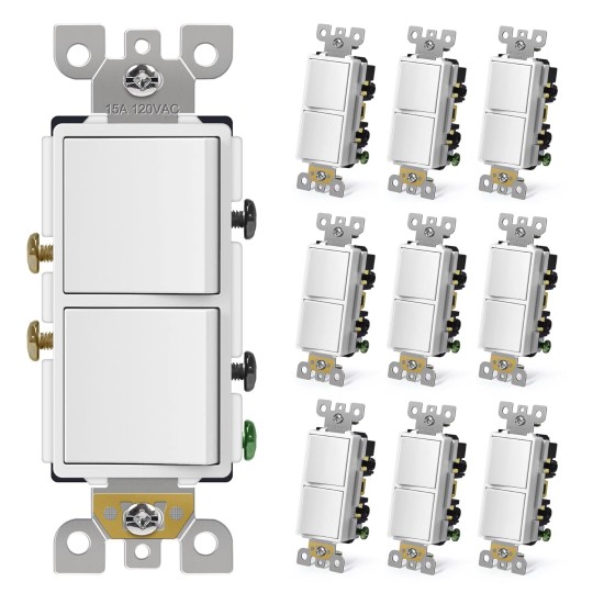 Double Paddle Rocker Decorator Light Switch, Single Pole Dual Self-grounding On/Off Interrupter, 15 Amp Electrical in-Wall Switches, UL Listed, 10 Pack, White