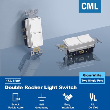 Double Paddle Rocker Decorator Light Switch, Single Pole Dual Self-grounding On/Off Interrupter, 15 Amp Electrical in-Wall Switches, UL Listed, 10 Pack, White