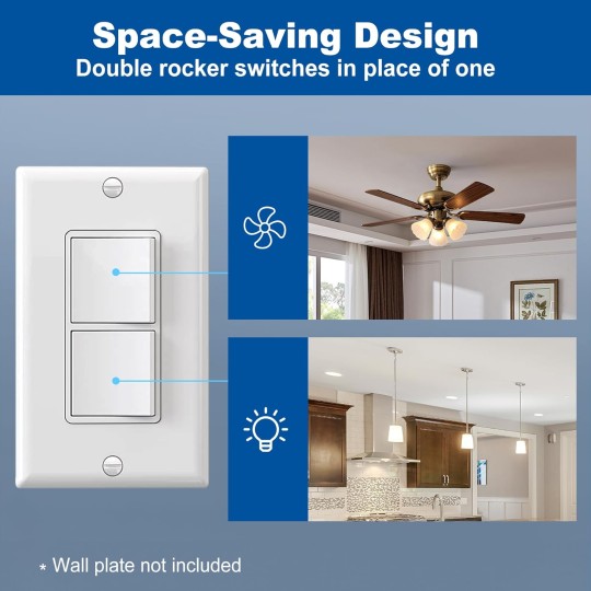 Double Paddle Rocker Decorator Light Switch, Single Pole Dual Self-grounding On/Off Interrupter, 15 Amp Electrical in-Wall Switches, UL Listed, 10 Pack, White