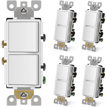 Double Rocker Decorator Light Switch, Two Single Pole Electrical Paddle Wall Switches, 15A 120V, Self-grounding On/Off Interrupter, UL Listed, 5 Pack, White