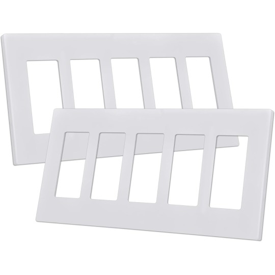 5-Gang Screwless Decorator Wall Plate, White Outlet Covers, 2 Pack Hidden Wall Safe Switch Plate, Standard Size 4.68”X 10.18”, Impact Resistant