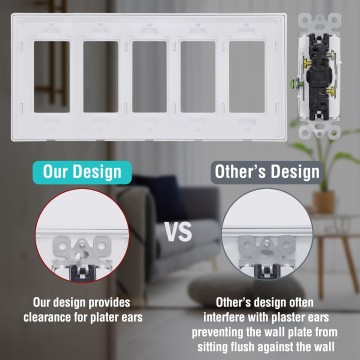 5-Gang Screwless Decorator Wall Plate, White Outlet Covers, 2 Pack Hidden Wall Safe Switch Plate, Standard Size 4.68”X 10.18”, Impact Resistant
