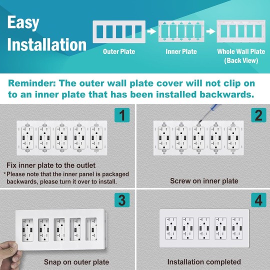 5-Gang Screwless Decorator Wall Plate, White Outlet Covers, 2 Pack Hidden Wall Safe Switch Plate, Standard Size 4.68”X 10.18”, Impact Resistant