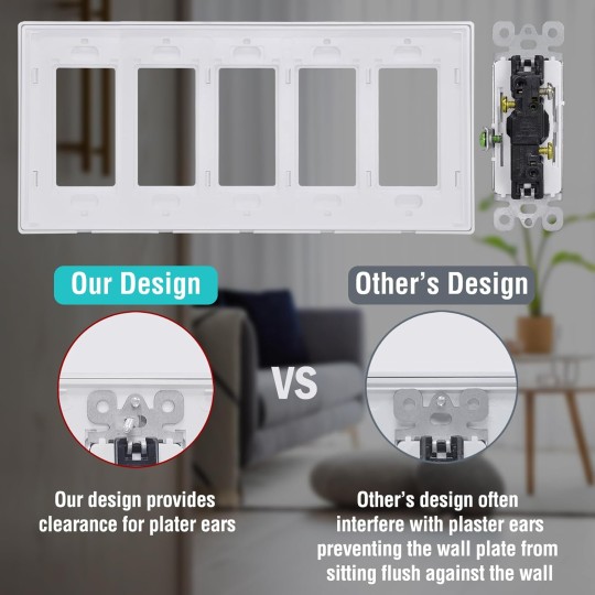 Decorator Screwless Wall Plate, 5-Gang Light Switch Covers, Decor Outlet Cover Plate, Standard Size 4.68”X 10.18”, Impact Resistant, White