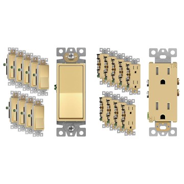 Elite Series Decorator Light Switch (10 Pack) & Outlet Bundle, 15A 120V, Single Pole, Tamper Resistant, Gloss Gold