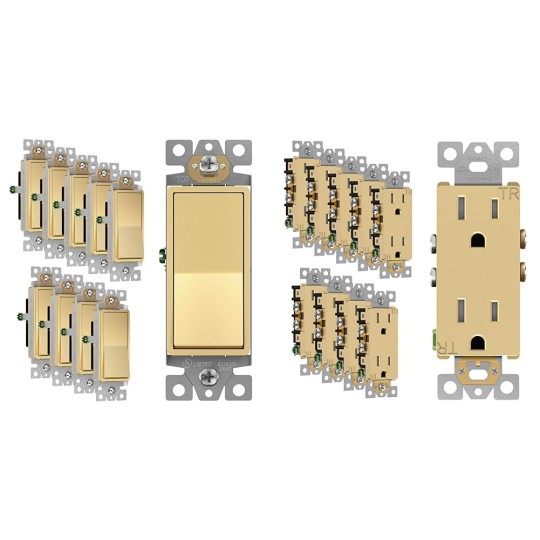 Elite Series Decorator Light Switch (10 Pack) & Outlet Bundle, 15A 120V, Single Pole, Tamper Resistant, Gloss Gold