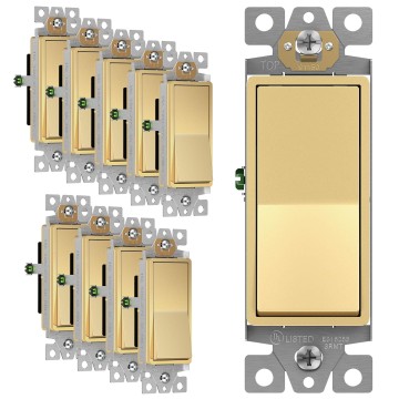 Elite Series Decorator Light Switch (10 Pack) & Outlet Bundle, 15A 120V, Single Pole, Tamper Resistant, Gloss Gold