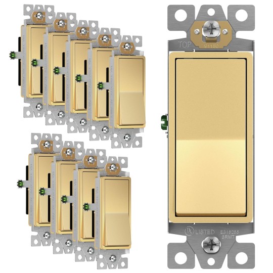 Elite Series Decorator Light Switch (10 Pack) & Outlet Bundle, 15A 120V, Single Pole, Tamper Resistant, Gloss Gold