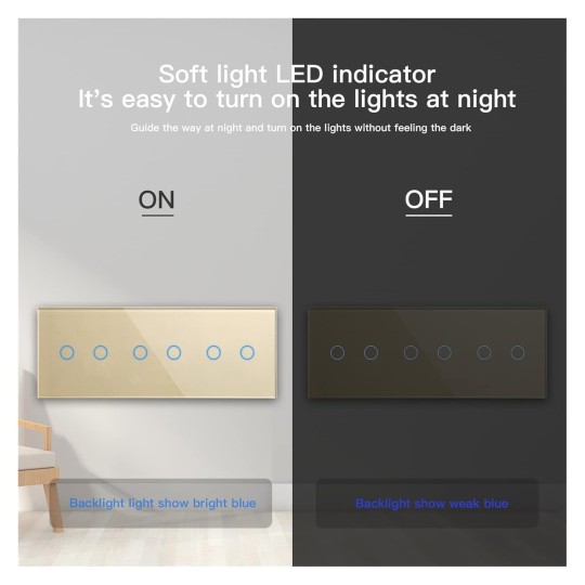Smart Switch Touch Light Switch Sensor Wall Switch 6Gang 1Way 300W/Gang Crystal Glass Touch Switch Waterproof No Neutral (Color : White Size : 1 Way)