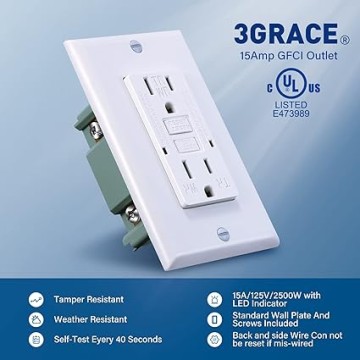 15 Amp GFCI Outlet, Tamper-Resistant, Weather Resistant Receptacle Indoor or Outdoor Use, LED Indicator with Decor Wall Plates and Screws，UL Listed, White (White, 20 Pack)