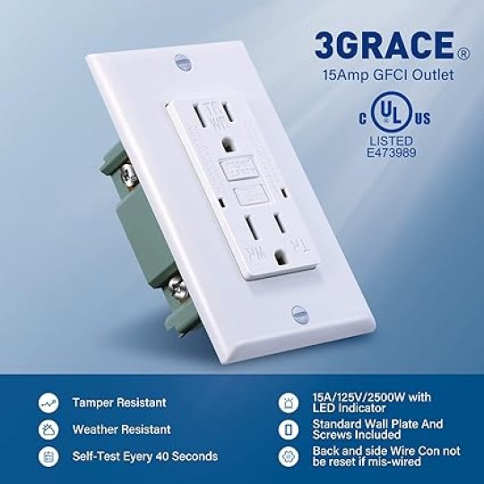 15 Amp GFCI Outlet, Tamper-Resistant, Weather Resistant Receptacle Indoor or Outdoor Use, LED Indicator with Decor Wall Plates and Screws，UL Listed, White (White, 20 Pack)