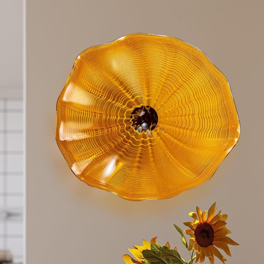 Flower Plattern Orange Glass Plate,Art Glass Wall Decor Plate, 10" Diameter