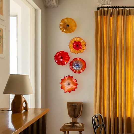 Blown Glass Wall Mounted Flower Plate Murano Glass Plate Wall Art Décor for Living Room Bedroom Orange 12"