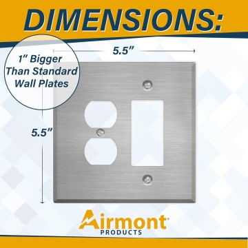 Oversized Stainless Steel Outlet Covers, Duplex/Decora Switch 2 Gang Wall Plate, 5.5" x 5.50" Jumbo Combination Wall Plate, 430 Grade Stainless Steel, Corrosive Resistant, Matching Screws, Made in USA