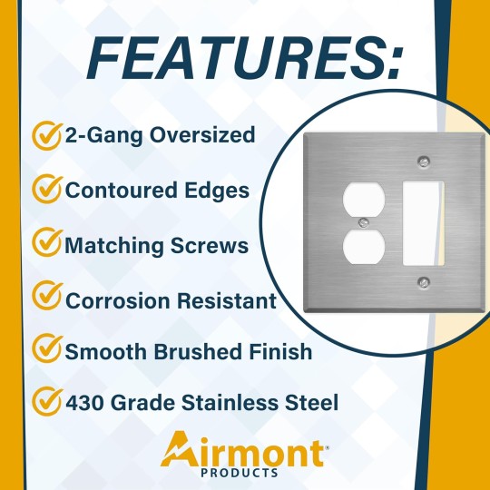 Oversized Stainless Steel Outlet Covers, Duplex/Decora Switch 2 Gang Wall Plate, 5.5" x 5.50" Jumbo Combination Wall Plate, 430 Grade Stainless Steel, Corrosive Resistant, Matching Screws, Made in USA