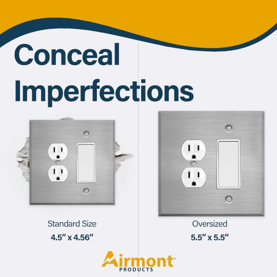 Oversized Stainless Steel Outlet Covers, Duplex/Decora Switch 2 Gang Wall Plate, 5.5" x 5.50" Jumbo Combination Wall Plate, 430 Grade Stainless Steel, Corrosive Resistant, Matching Screws, Made in USA