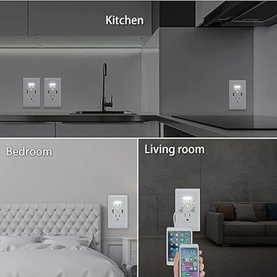 GreenCycle USB Outlet with Night Light,Dusk Dawn Sensor,4.2A High Speed Duplex Receptacle Electrical AC Wall Outlets,with Wall Plates，White,9 Pack